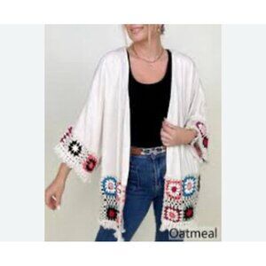 Umgee Crochet Patchwork Kimono Cardigan Oatmeal Open Front Granny core Size L